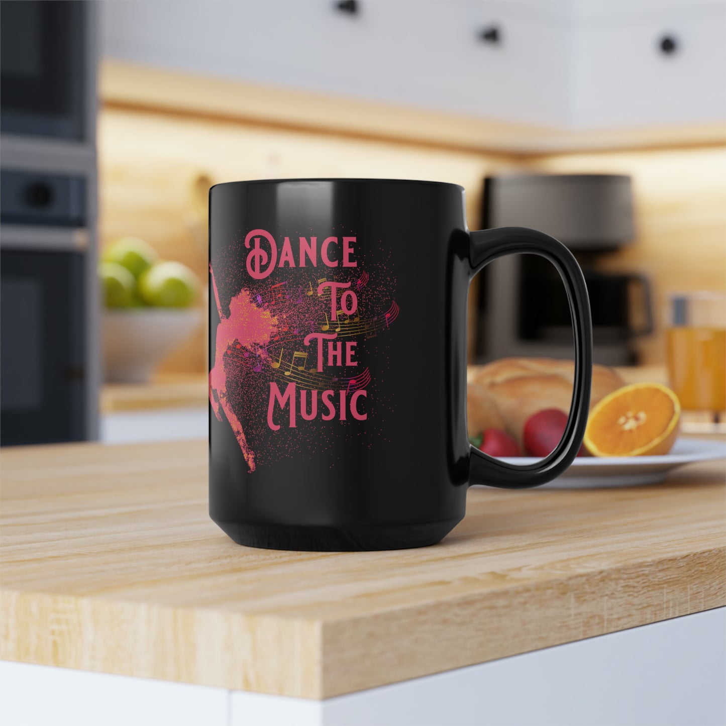 DANCE TO THE MUSIC (ORANGE) BLACK MUG, 15oz