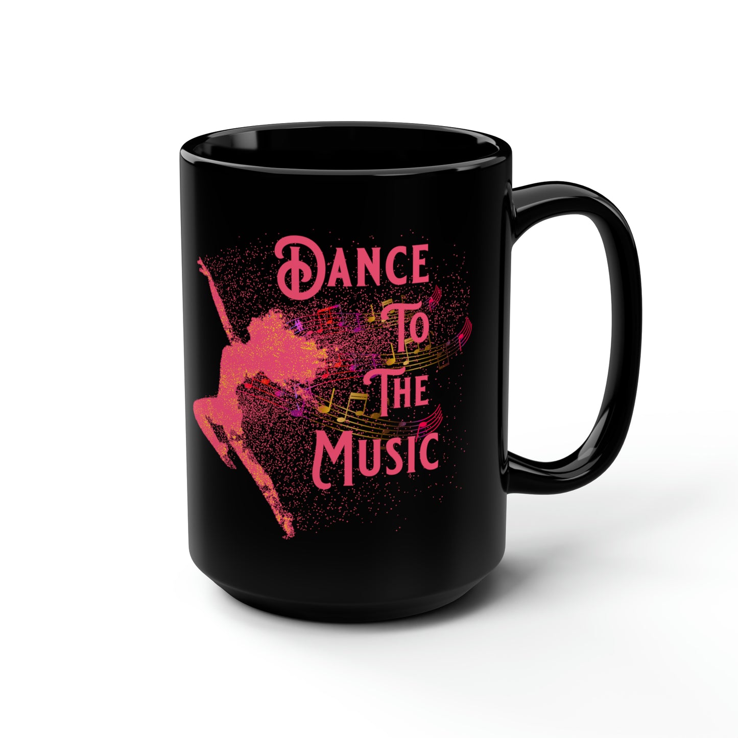 DANCE TO THE MUSIC (ORANGE) BLACK MUG, 15oz