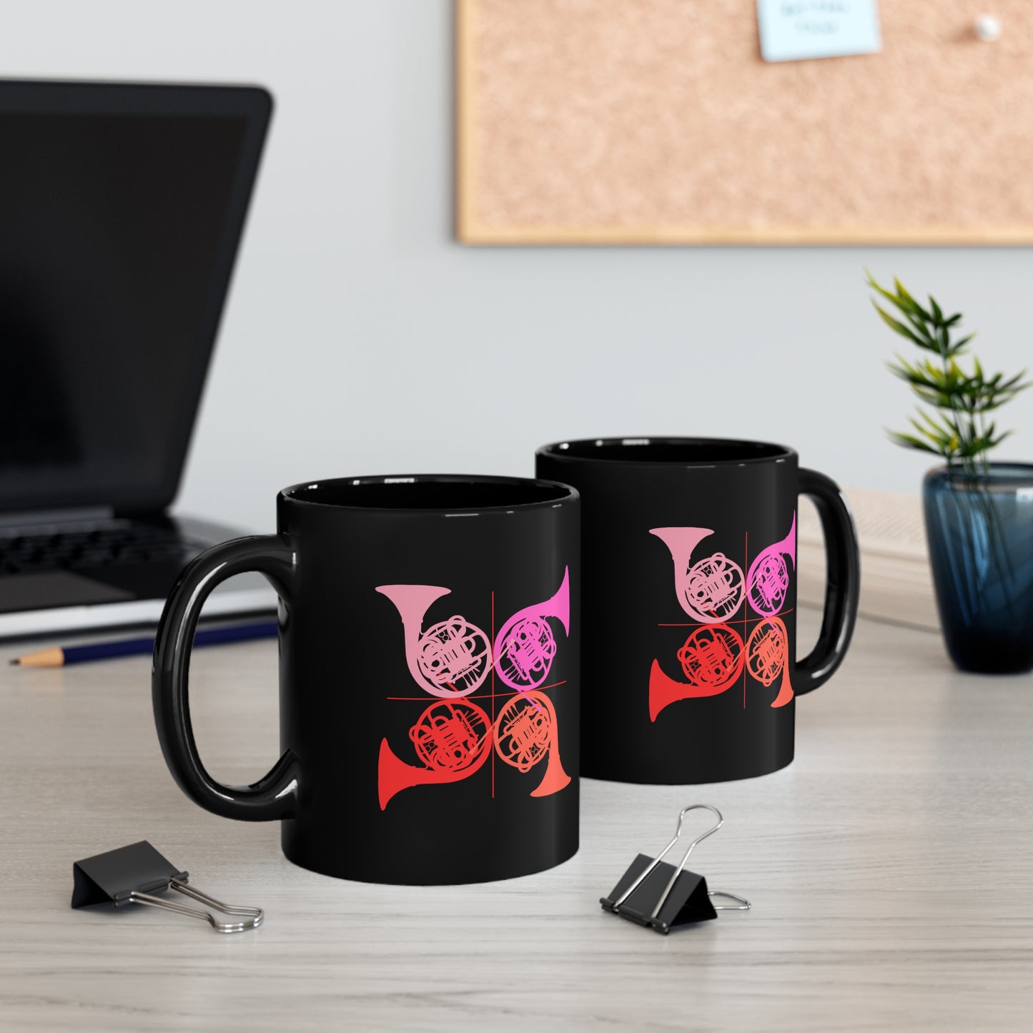 HORN QUARTET IN THE KEY OF PINK BLACK MUG, 11oz