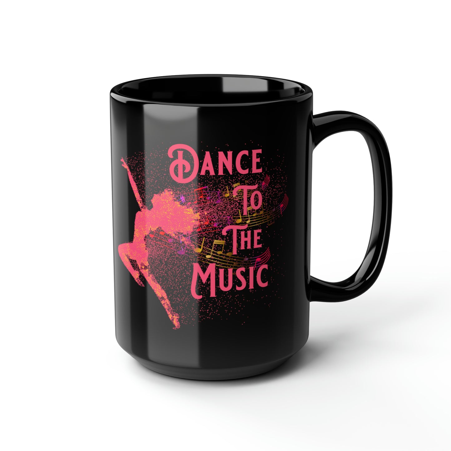 DANCE TO THE MUSIC (ORANGE) BLACK MUG, 15oz