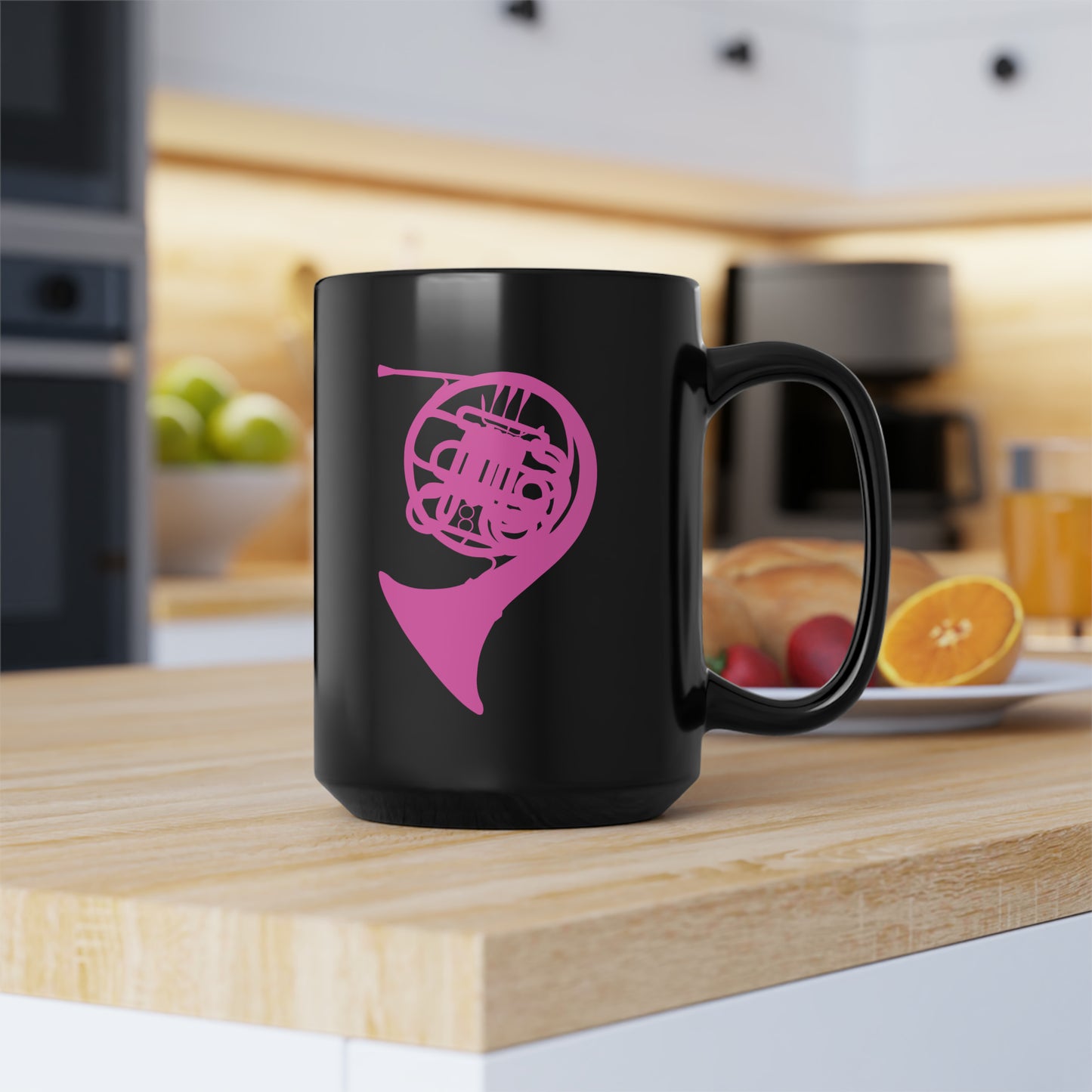 HOT PINK FRENCH HORN BLACK MUG, 15oz