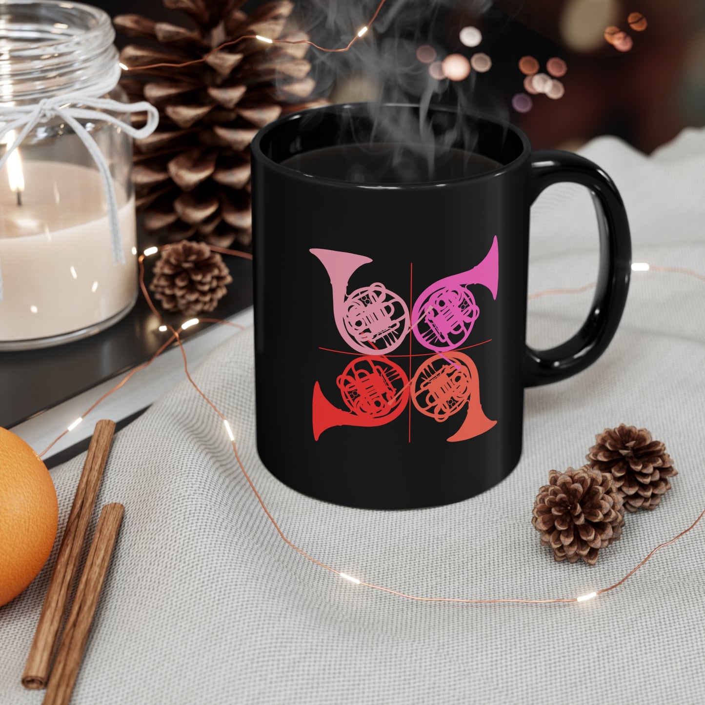 HORN QUARTET IN THE KEY OF PINK BLACK MUG, 11oz