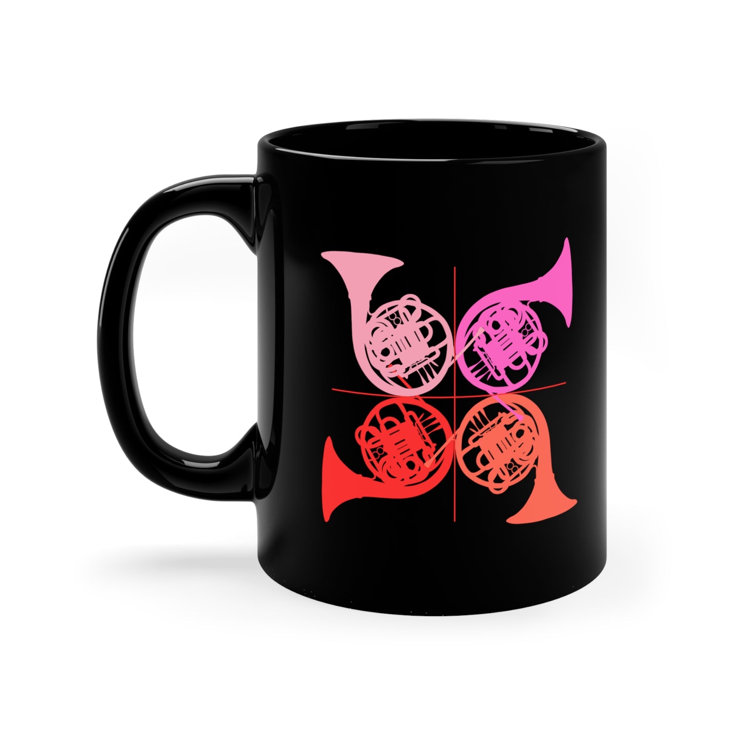 HORN QUARTET IN THE KEY OF PINK BLACK MUG, 11oz