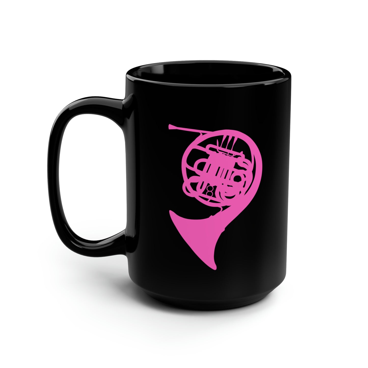 HOT PINK FRENCH HORN BLACK MUG, 15oz