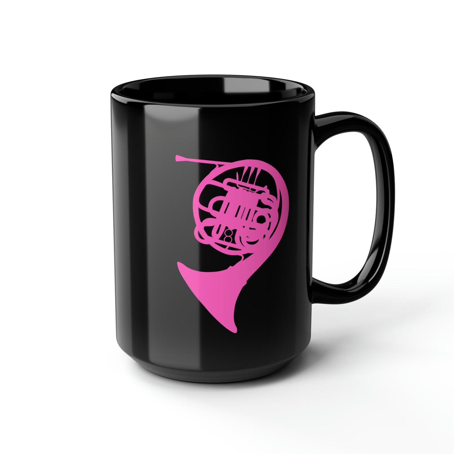 HOT PINK FRENCH HORN BLACK MUG, 15oz