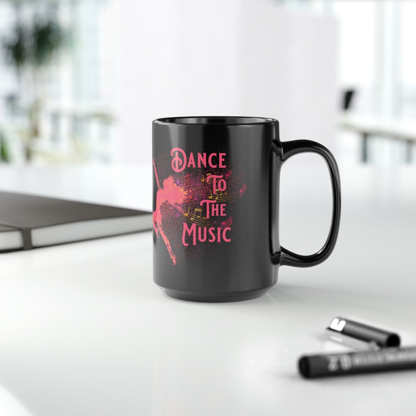 DANCE TO THE MUSIC (ORANGE) BLACK MUG, 15oz