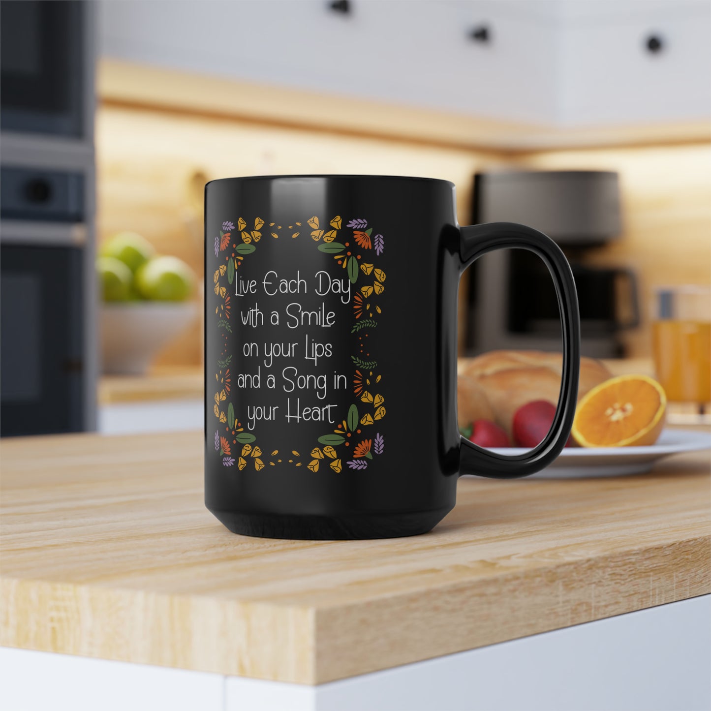 LIVE EACH DAY WITH A SMILE AND A SONG BLACK MUG, 15oz