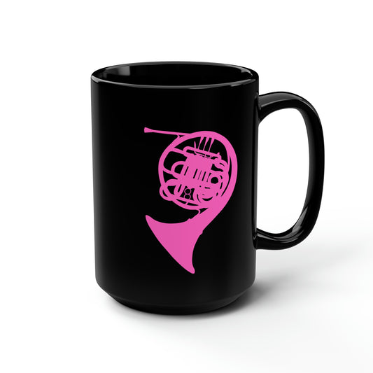 HOT PINK FRENCH HORN BLACK MUG, 15oz