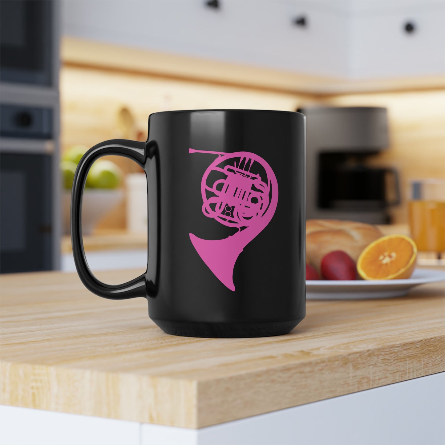 HOT PINK FRENCH HORN BLACK MUG, 15oz