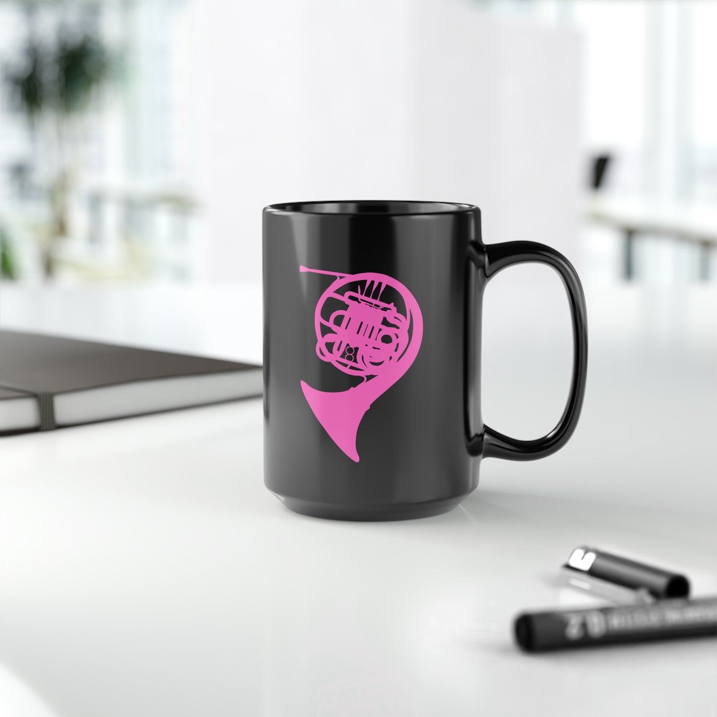 HOT PINK FRENCH HORN BLACK MUG, 15oz