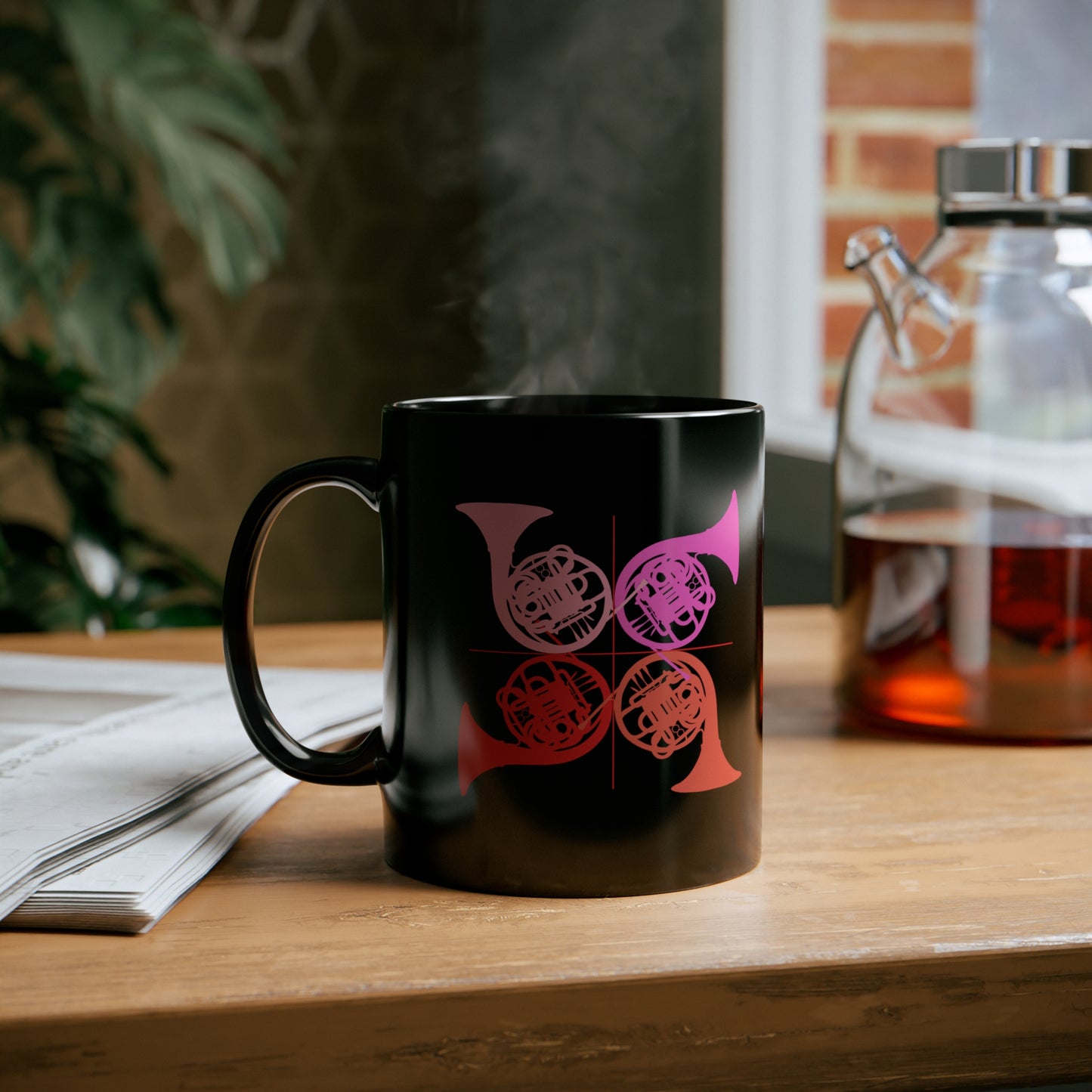 HORN QUARTET IN THE KEY OF PINK BLACK MUG, 11oz