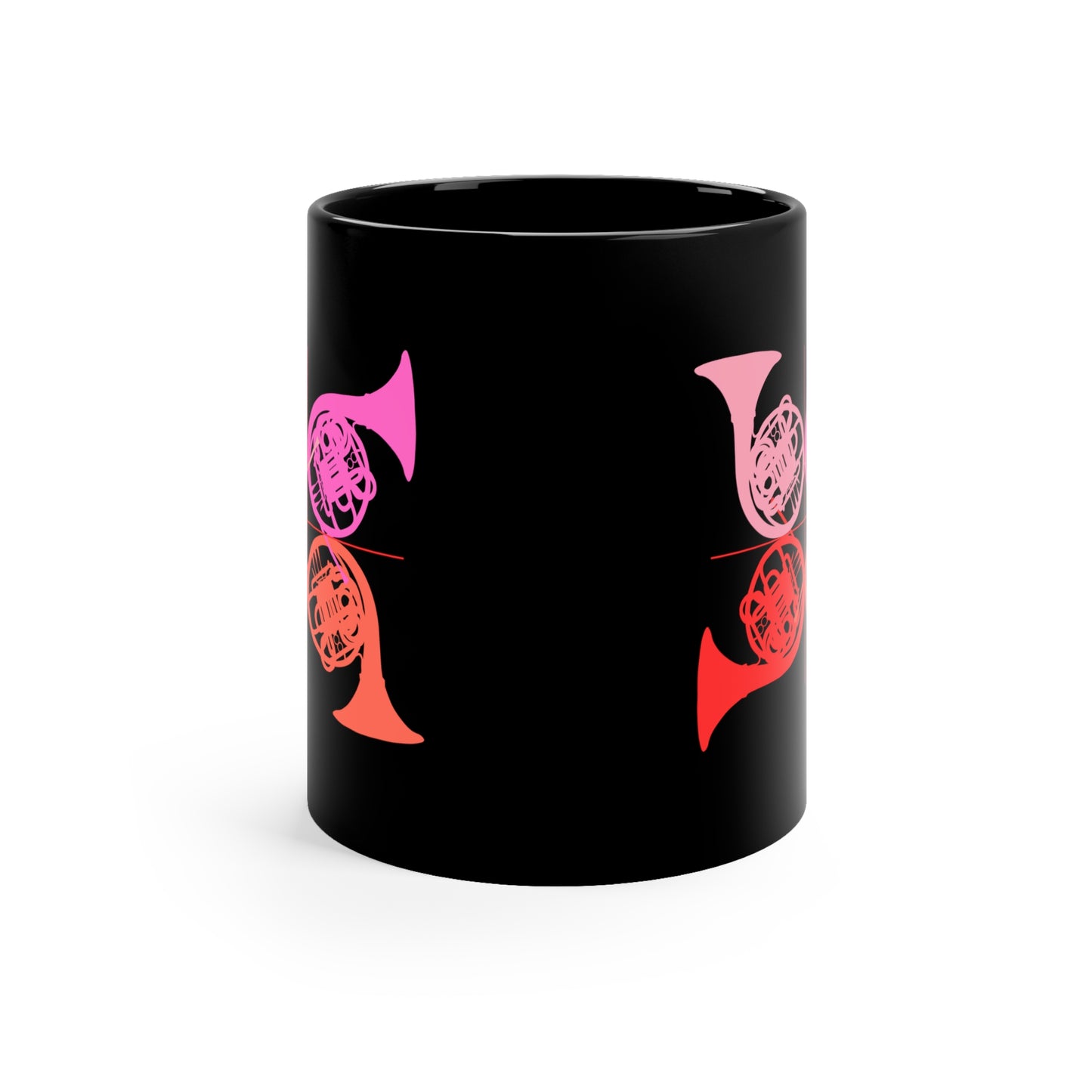 HORN QUARTET IN THE KEY OF PINK BLACK MUG, 11oz