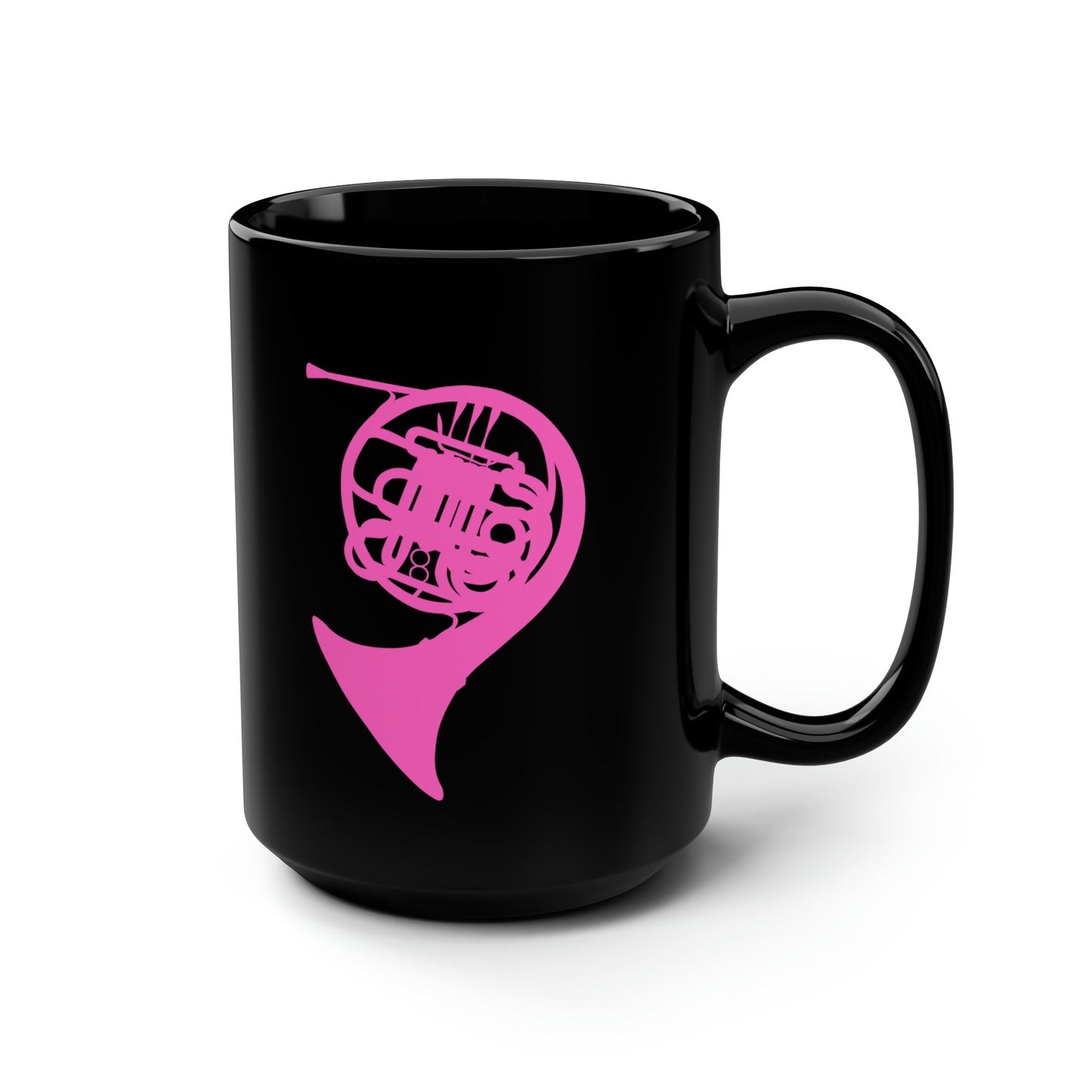 HOT PINK FRENCH HORN BLACK MUG, 15oz